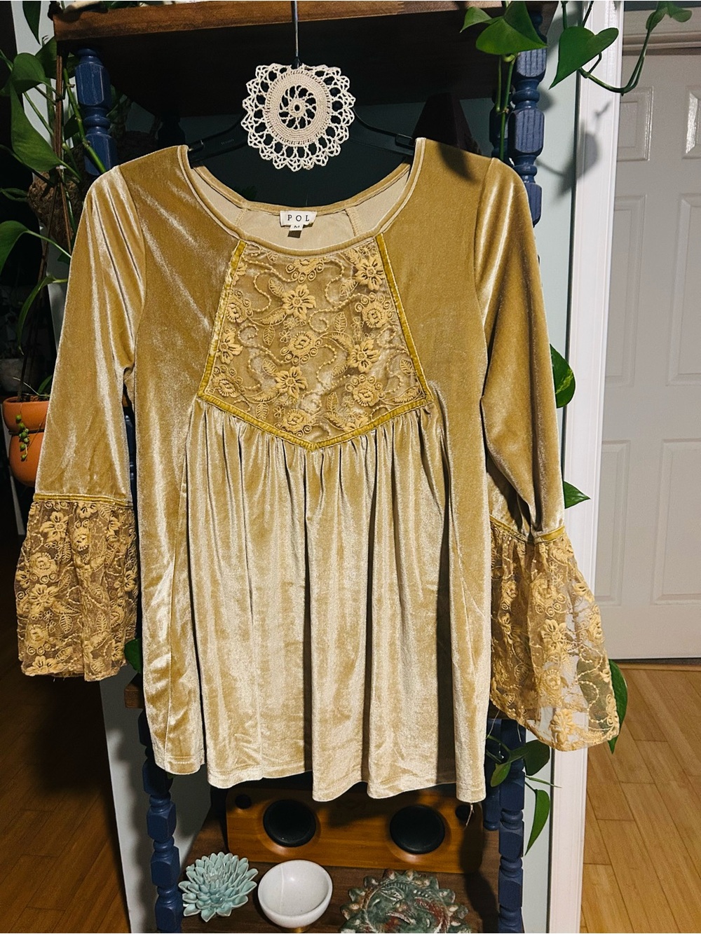 POL Gold Velvet Lace-Panel Peasant Tunic